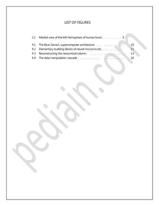 LIST OF FIGURES
2.1 Medial view of the left hemisphere of human brain. . . . . . . . . . .5
4.1 The Blue Gene/L supercomputer architecture . . . . . . . . . . . . . 10
4.2 Elementary building blocks of neural microcircuits. . . . . . . . . . . 11
4.3 Reconstructing the neocortical column. . . . . . . . . . . . . . . . . 13
4.4 The data manipulation cascade . . . . . . . . . . . . . . . . . . . . . 18
 
