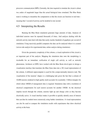 processor communication (MPI). Currently, the time required to simulate the circuit is about
two orders of magnitude larger than the actual biological time simulated. The Blue Brain
team is working to streamline the computation so that the circuit can function in real time -
meaning that 1 second of activity can be modeled in one second.
4.5 Interpreting the Results
Running the Blue Brain simulation generates huge amounts of data. Analyses of
individual neurons must be repeated thousands of times. And analyses dealing with the
network activity must deal with data that easily reaches hundreds of gigabytes per second of
simulation. Using massively parallel computers the data can be analyzed where it is created
(server-side analysis for experimental data, online analysis during simulation).
Given the geometric complexity of the column, a visual exploration of the circuit is
an important part of the analysis. Mapping the simulation data onto the morphology is
invaluable for an immediate verification of single cell activity as well as network
phenomena. Architects at EPFL have worked with the Blue Brain devel-opers to design a
visualization interface that translates the Blue Gene data into a 3D visual representation of
the column. A different supercomputer is used for this compu-tationally intensive task. The
visualization of the neurons’ shapes is a challenging task given the fact that a column of
10,000 neurons rendered in high quality mesh accounts for essentially 1 billion triangles for
which about 100GB of management data is required. Simulation data with a resolution of
electrical compartments for each neuron accounts for another 150GB. As the electrical
impulse travels through the column, neurons light up and change color as they become
electrically active. A visual interface makes it possible to quickly identify areas of interest
that can then be studied more extensively using further simulations. A visual representation
can also be used to compare the simulation results with experiments that show electrical
activity in the brain
14
 