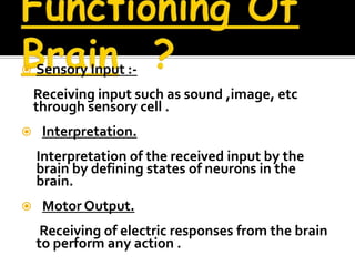    Sensory Input :-
    Receiving input such as sound ,image, etc
    through sensory cell .
    Interpretation.
    Interpretation of the received input by the
    brain by defining states of neurons in the
    brain.
    Motor Output.
     Receiving of electric responses from the brain
    to perform any action .
 