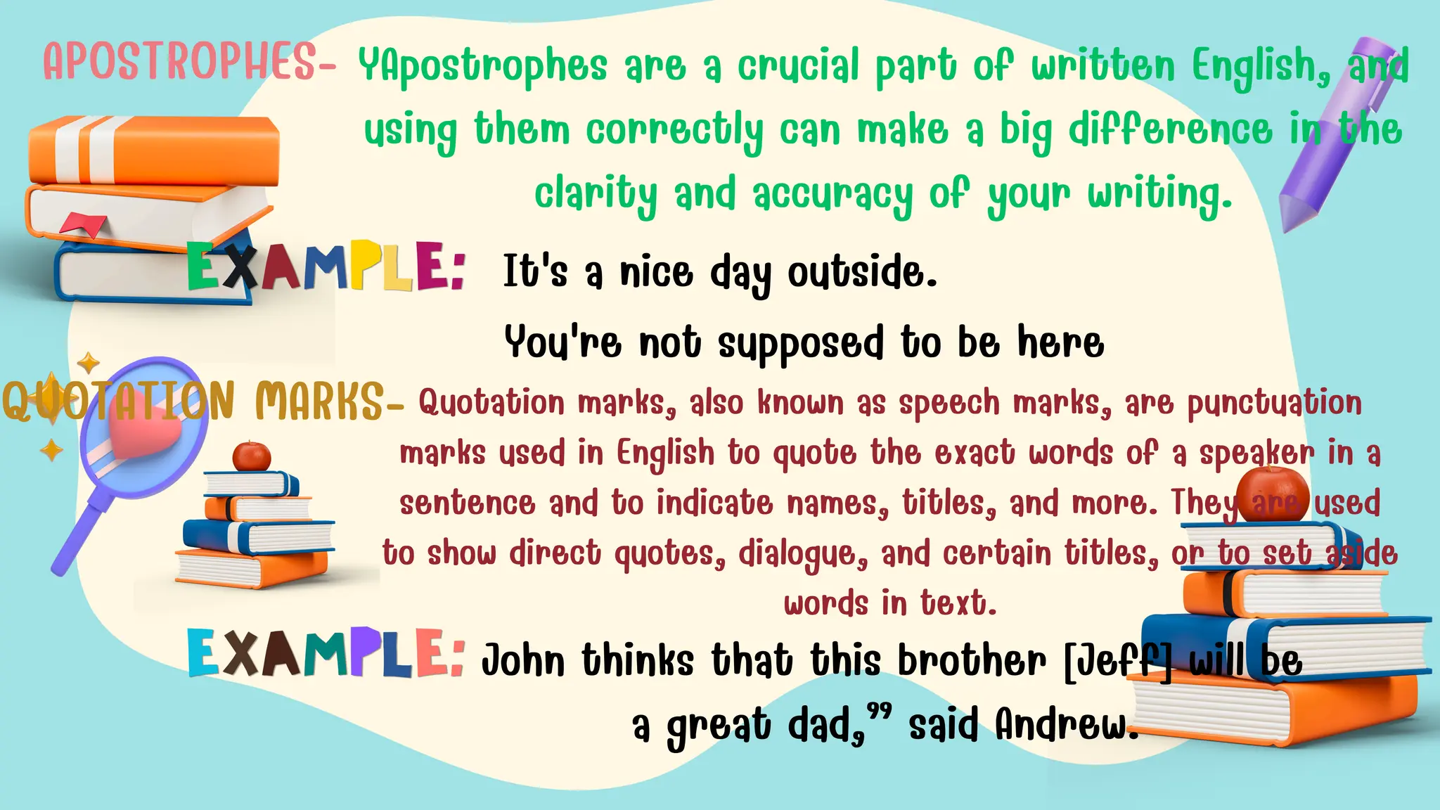 APOSTROPHES- YApostrophes are a crucial part of written English, and
using them correctly can make a big difference in the
clarity and accuracy of your writing.
It's a nice day outside.
You're not supposed to be here
QUOTATION MARKS- Quotation marks, also known as speech marks, are punctuation
marks used in English to quote the exact words of a speaker in a
sentence and to indicate names, titles, and more. They are used
to show direct quotes, dialogue, and certain titles, or to set aside
words in text.
John thinks that this brother [Jeff] will be
a great dad,” said Andrew.
 