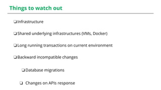 Things to watch out
❏Infrastructure
❏Shared underlying infrastructures (VMs, Docker)
❏Long running transactions on current environment
❏Backward incompatible changes
❏Database migrations
❏ Changes on APIs response
 