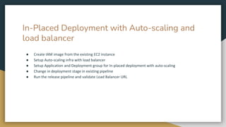 In-Placed Deployment with Auto-scaling and
load balancer
● Create IAM image from the existing EC2 instance
● Setup Auto-scaling infra with load balancer
● Setup Application and Deployment group for In-placed deployment with auto-scaling
● Change in deployment stage in existing pipeline
● Run the release pipeline and validate Load Balancer URL