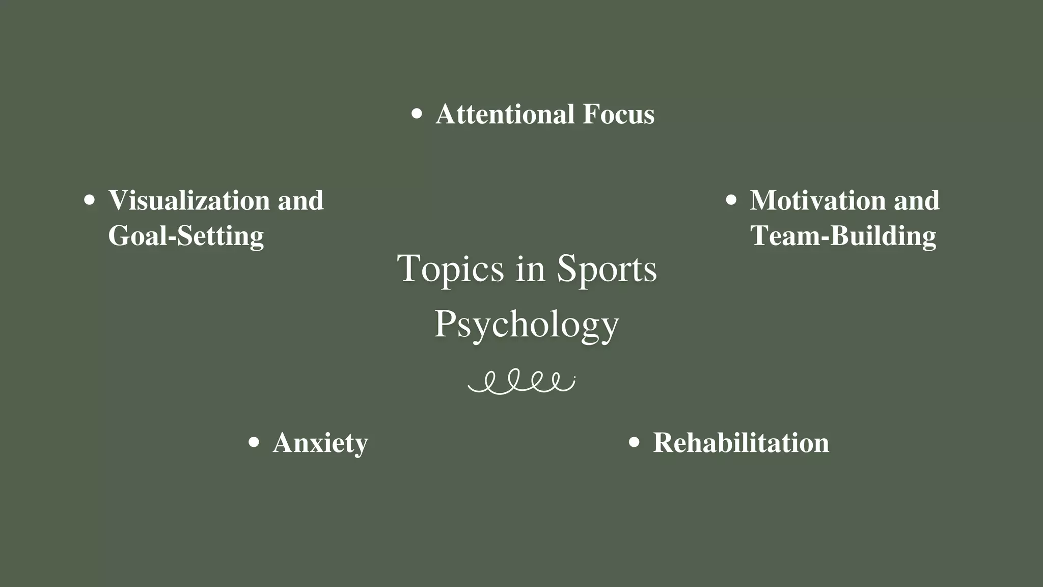 Attentional Focus
Visualization and
Goal-Setting
Motivation and
Team-Building
Rehabilitation
Anxiety
 