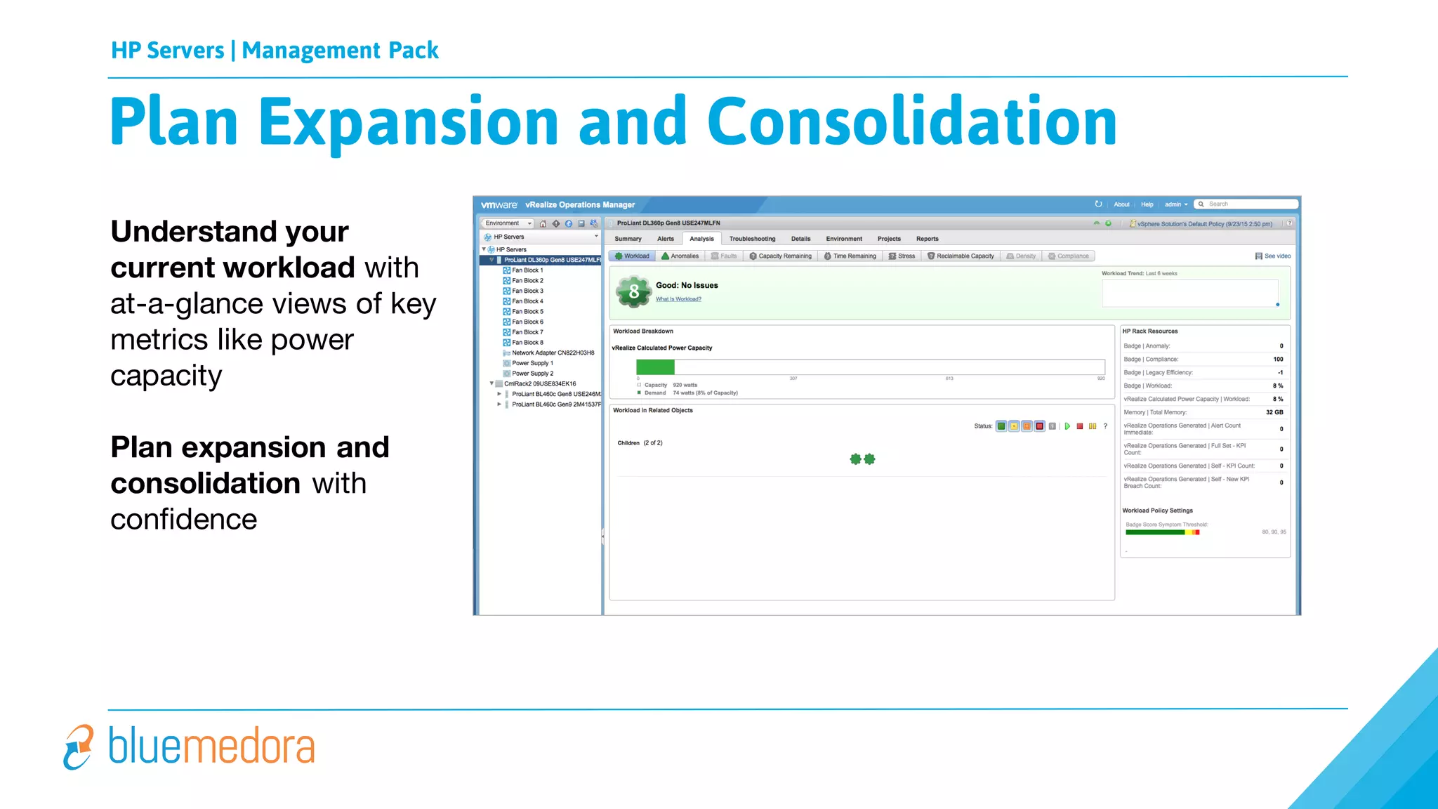 HP Servers | Management Pack
Understand your
current workload with
at-a-glance views of key
metrics like power
capacity
Plan expansion and
consolidation with
confidence
Plan Expansion and Consolidation
 