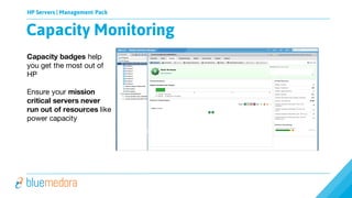 HP Servers | Management Pack
Capacity badges help
you get the most out of
HP
Ensure your mission
critical servers never
run out of resources like
power capacity
Capacity Monitoring
 