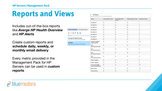 HP Servers | Management Pack
Includes out-of-the-box reports
like Averge HP Health Overview
and HP Alerts
Create custom reports and
schedule daily, weekly, or
monthly email delivery
Every metric provided in the
Management Pack for HP
Servers can be used in custom
reports
Reports and Views
 