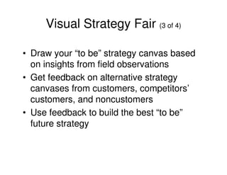 Visual Strategy Fair (3 of 4)
• Draw your “to be” strategy canvas based
on insights from field observations
• Get feedback on alternative strategy
canvases from customers, competitors’
customers, and noncustomers
• Use feedback to build the best “to be”
future strategy

 