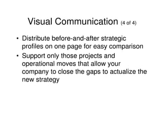 Visual Communication (4 of 4)
• Distribute before-and-after strategic
profiles on one page for easy comparison
• Support only those projects and
operational moves that allow your
company to close the gaps to actualize the
new strategy

 