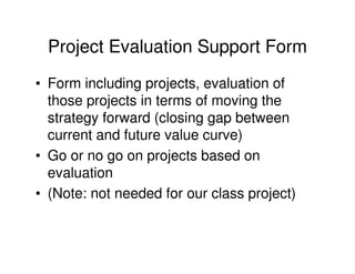 Project Evaluation Support Form
• Form including projects, evaluation of
those projects in terms of moving the
strategy forward (closing gap between
current and future value curve)
• Go or no go on projects based on
evaluation
• (Note: not needed for our class project)

 