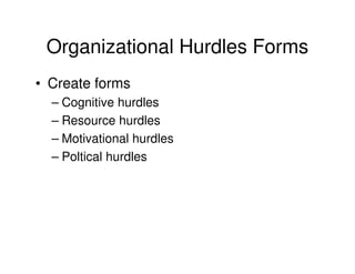 Organizational Hurdles Forms
• Create forms
– Cognitive hurdles
– Resource hurdles
– Motivational hurdles
– Poltical hurdles

 
