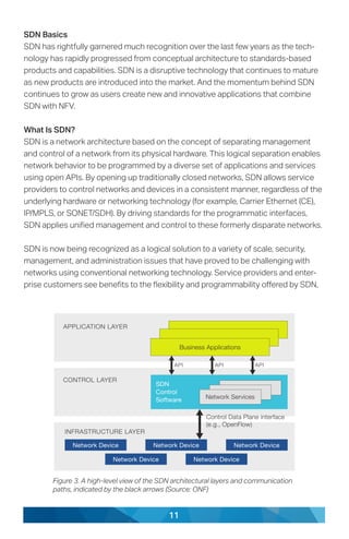 11
SDN Basics
SDN has rightfully garnered much recognition over the last few years as the tech-
nology has rapidly progressed from conceptual architecture to standards-based
products and capabilities. SDN is a disruptive technology that continues to mature
as new products are introduced into the market. And the momentum behind SDN
continues to grow as users create new and innovative applications that combine
SDN with NFV.
What Is SDN?
SDN is a network architecture based on the concept of separating management
and control of a network from its physical hardware. This logical separation enables
network behavior to be programmed by a diverse set of applications and services
using open APIs. By opening up traditionally closed networks, SDN allows service
providers to control networks and devices in a consistent manner, regardless of the
underlying hardware or networking technology (for example, Carrier Ethernet (CE),
IP/MPLS, or SONET/SDH). By driving standards for the programmatic interfaces,
SDN applies unified management and control to these formerly disparate networks.
SDN is now being recognized as a logical solution to a variety of scale, security,
management, and administration issues that have proved to be challenging with
networks using conventional networking technology. Service providers and enter-
prise customers see benefits to the flexibility and programmability offered by SDN,
Figure 3. A high-level view of the SDN architectural layers and communication
paths, indicated by the black arrows (Source: ONF)
 