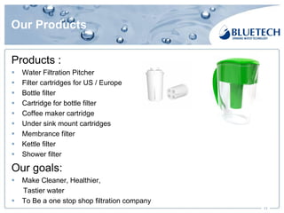 Our Products
Products :
§ Water Filtration Pitcher
§ Filter cartridges for US / Europe
§ Bottle filter
§ Cartridge for bottle filter
§ Coffee maker cartridge
§ Under sink mount cartridges
§ Membrance filter
§ Kettle filter
§ Shower filter
Our goals:
§ Make Cleaner, Healthier,
Tastier water
§ To Be a one stop shop filtration company
11
 
