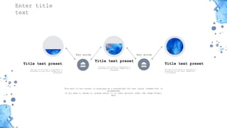 感谢您下载包图网平台上提供的PPT作品，为了您和包图网以及原创作者的利益，请勿复制、传播、销售，否则将承担法律责任！包图网将对作品进行维权，按照传播下载次数进行十倍的索取赔偿！
ibaotu.com
This part of the content is displayed as a placeholder for text layout (themed font is
recommended)
If you need to change it, please adjust it in (Text Options) under (Set Shape Format)
menu
Title text preset
This part of the content is displayed as a
placeholder for text layout (themed font is
recommended)
Title text preset
This part of the content is displayed as a
placeholder for text layout (themed font is
recommended)
Key words
Title text preset
This part of the content is displayed as a
placeholder for text layout (themed font
is recommended)
Key words
Enter title
text
 