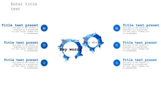 感谢您下载包图网平台上提供的PPT作品，为了您和包图网以及原创作者的利益，请勿复制、传播、销售，否则将承担法律责任！包图网将对作品进行维权，按照传播下载次数进行十倍的索取赔偿！
ibaotu.com
Key words
Key words
Title text preset
This part of the content is
displayed as a placeholder
for text layout (themed font
is recommended)
Title text preset
This part of the content is
displayed as a placeholder
for text layout (themed font
is recommended)
Title text preset
This part of the content is
displayed as a placeholder
for text layout (themed font
is recommended)
Title text preset
This part of the content is
displayed as a placeholder
for text layout (themed font
is recommended)
Title text preset
This part of the content is
displayed as a placeholder
for text layout (themed font
is recommended)
Title text preset
This part of the content is
displayed as a placeholder
for text layout (themed font
is recommended)
Enter title
text
 