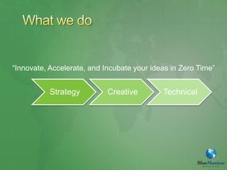 ―Innovate, Accelerate, and Incubate your ideas in Zero Time‖


           Strategy         Creative        Technical
 