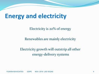 Energy and electricity
Electricity is 20% of energy
Renewables are mainly electricity
Electricity growth will outstrip all other
energy-delivery systems
4FUSION ADVOCATES GOPE NOV. 2016 LAS VEGAS
 