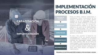 Firmas de diseño, empresas Constructoras e
Inmobiliarias, tienen conocimiento de las
Ventajas y Beneficios que pueden obtener
mediante el uso de metodología B.I.M., sin
embargo han tenido problemas a la hora de
e j e c u t a r a l g ú n t i p o d e a d o p c i ó n ,
fundamentalmente debido a la falta de
experiencia por parte de los implementadores
locales o internacionales, los cuales han
enmarcado el tema de B.I.M. en nichos y muchas
veces sin entender que B.I.M. es un proceso
agnóstico a un Software.
Es decir, han asumido la Adopción de
metodología B.I.M. de manera puntual
(Compatibilizaciones o Metrados) y/o de manera
individual (por Especialidades aisladas) cuando
esto, como sabemos, debe de ser hecho de
manera Integral. a través de procesos que inician
con un B.P.A. workshop, definición de alcances
en B.I.M. y beneficios directos e indirectos, para
trazar metas claras durante una adopción e
implementación.
IMPLEMENTACIÓN
CAPACITACIÓN
&
ANALISIS DE
EMPRESA
WORKSHOP
CAPACITACION
IMPLEMENTACION
SEGUMIENTO B.I.M.
IMPLEMENTACIÓN
PROCESOS B.I.M.
DESARROLLO DE METODOLOGÍA B.I.M. ACORDE AL TIPO DE ESTUDIO U OFICINA
 