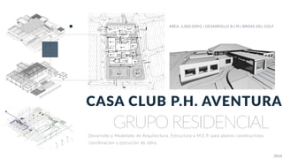 ÍNDICE DE LÁMIMNAS
NOMBRE DE HOJAS No.
VISTAS A01-07
PORTADA A00-00
LOCALIZACIÓN GENERAL A01-02
PLANTA TOPOGRÁFICA A01-03
PLANTA ARQUITECTÓNICA A01-04
ELEVACIONES ARQUITECTÓNICAS A01-05
SECCIONES ARQUITECTÓNICAS A01-06
ÍNDICE DE LÁMINAS A01-01
ARQUITECTUR
CASA CLUB PH AVENTUR
GRUPO RESIDENCIAL
UP
DN DN
3
2
1
3
2
1
3
2
1
3
2
1
3
2
1
4321
54321
2
1
54321
654321
41.00
41.00
41.00
42.00
42.00
43.00
43.00
43.00
44.00
44.00
44.00
44.00
46.00
46.00
47.00
47.00
40.0040.00
45.00
45.00
45.00
45.00
39.00
41.00
42.00
43.00
44.00
40.00
48
46
47
45
50
49
45
46
44
43
42
49 48 47 46
46
47
45
46
44
43
46
44 43
4445
47
46
49
P
12.00
12.00
CALLE 1
CALLEPRINCIPAL
CALLE 4A
CALLE 1
CALLE 4A
CALLE1A
15.00
12.00
4.002.20
GRAMA
5%
ACERA
2%
0.70 0.60
L.PROP.
MATERIAL SELECTO COMPACTADA (TOSCA 0.20 ESP)
RODADURA
2.20
ACERA
L.PROP.
4.00
.15 2%
RODADURA
0.70
GRAMA
SUELO NATURAL
15.00
0.60
L.CONSTR.
L.CONSTR.
2.502.50
SUELO NATURAL
RODADURA
1.20
MATERIAL SELECTO COMPACTADA (TOSCA 0.20 ESP)
2.50
L.PROP.
L.CONST.
3.600.600.60 3.60
12.00
.15
ACERA
GRAMA
5%
RODADURA
0.60 1.20 2.500.60
L.PROP.
ACERA
GRAMA
L.CONST.
MATERIAL SELECTO COMPACTADA (TOSCA 0.20 ESP)
CAPA DE 0.10 ESP
.202 %
6.55
RODADURA
1.00
ACERA
=1 %
1.20
CORDONCUNETA
5%
0.60
GRAMA
L.PROP.
D
MATERIAL SELECTO COMPACTADA (TOSCA 0.20 ESP)
C
22.00
1.50
S E R V I D U M B R E V I A L
I S L E T A
0.15
.20 2 %
6.55
RODADURA
1.50
SUELO NAT.
0.15
3.275
CL
L
1.20
=1 %D
CAPA DE 0.10 ESP
0.60
5%
1.00
L.CONSTR.
L.CONSTR.
5.00m. MIN.
AREA COMERCIAL
5.00m. MIN.
AREA COMERCIAL
(N.P.A.) 47.25
(N.P.A.) 45.50
(N.P.A.) 46.50
(N.P.A.) 46.85
(N.P.A.) 47.00
(N.P.A.) 47.15
(N.P.A.) 47.00
(N.P.A.) 47.00
(N.SN.) 46.85
(N.P.A.) 47.00
(N.P.A.) 47.00
(N.P.A.) 47.00
(N.P.A.) 45.95
(N.P.A.) 46.50
(N.P.A.) 46.00
(N.P.A.) 45.50
(N.P.A.) 47.00
(N.P.A.) 45.50
(N.P.A.) 45.50
(N.P.A.) 45.65
(N.P.A.) 45.65
(N.SN.) 45.35
(N.SN.) 44.25
(N.SN.) 44.25
(N.SN.) 43.50
(N.P.A.) 44.20
(N.P.A.) 45.00
(N.P.A.) 46.80
(N.P.A.) 46.40
(N.P.A.) 44.83
(N.SN.) 45.35
(N.SN.) 46.85
(N.SN.) 45.25
4
A01-03
5
A01-03
PEND. 4% PEND. 4%
MED.SERVI.
6.00
12.00(SERVIDUMBRE)
12.00 (SERVIDUMBRE)
6.00 (M.SERV.)
6.00(M.SERV.)
12.00(SERVIDUMBRE)
7.50(M.SERV.)
15.00 (SERVIDUMBRE)
15.00 (SERVIDUMBRE)
N.S.L.
NIVEL +000
46.50
NIVEL -100
44.50
(N.P.A.) 47.25
(N.P.A.) 46.50
(N.P.A.) 45.50
(N.P.A.) 47.40
AREA DE ESTACIONAMIENTOS
50.32
ACCESO
RAMPA DERODADURA RODADURA
ACCESO
RAMPA DE
L.CONST.
L.PROP.
L.CONST.
L.PROP.
SIMBOLOGÍA
NIVEL DE ELEVACIÓN
LÍNEA DE CENTRO
CORTE DE DIBUJO
NÚMERO DE ESTACIONAMIENTO
DISCAPACITADOS
PENDIENTE
1
A101
Ref
(N.)
#%
PÁGINA DE SECCIÓN
NÚMERO DE SECCIÓN
#
N.S.L.
NIVEL +000
46.50
NIVEL -100
44.50
44.20
45.35
44.25
45.5045.50
46.50
47.0047.1547.0046.85
46.5046.50
L.CONST.
L.PROP.
L.CONST.
L.PROP.
RODADURA ACERA- GRAMA
2.41 ÁREA DE ESTACIONAMIENTOS
16.51 1.64 5.35 2.11 8.00 12.40 6.20
FUENTE No. 3
5.20 2.60
PISCINA
7.60 6.00 23.73 ACERA RODADURA
ESCALA 1 : 500
LOCALIZACIÓN GENERAL TOPOGRÁFICA
ESCALA:1 : 1000A01-03
SECCIÓN DE CALLE (15.00 MTS)2
ESCALA:1 : 1000A01-03
SECCIÓN DE CALLE (12.00 MTS)1
ESCALA:1 : 1000A01-03
SECCIÓN DE CALLE (22.00 MTS)3
ESCALA: 1 : 200A01-03
SEC. TRANS. DE ESTACIONAMIENTO4
SEC. TRANSVERSAL DE TERRACERÍA5
CASA CLUB P.H. AVENTURA
AREA: 6,000.00M2 | DESARROLLO B.I.M.| BRISAS DEL GOLF
Desarrollo y Modelado de Arquitectura, Estructura y M.E.P. para planos constructivos,
coordinación y ejecución de obra.
2016
 