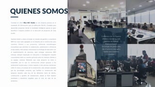 Fundada en 2013 Blue AEC Studio es una empresa pionera en el
modelado de información para la edificación (B.I.M.). Fundada para
desarrollar proyectos donde el modelado inteligente aporta un gran
beneficio e impacto positivo en la ejecución de proyectos de toda
escala.
Nuestra misión y visión al fundar un estudio de gestión y consultoría
BIM fue crear valor agregado en la industria de la construcción para
nuestros clientes y sus proyectos, utilizando metodologías
innovadoras que permitan la colaboración, optimización y eficiencia
al ejecutarlos, esto porque conectamos la estrategia de ejecución con
el implementación de procesos, para entregar soluciones BIM
exitosas, siempre impulsado en educación e investigación creando
conocimiento tanto en nuestro personal como en nuestros clientes y
su equipo, creemos fielmente que cada proyecto es único e
irrepetible por lo que la construcción virtual apoyara a los
profesiones involucradas a tomar mejores y más precisas decisiones
sobre el cómo y el porqué de la construcción, esto siempre apoyado
por las tecnologías correctas, que facilitan la construcción del
proyecto durante cada una de las diferentes fases de diseño,
construcción y gestión de instalaciones, dando al final mejores
resultados y beneficios tangibles para el ciclo de vida de los
proyectos.
QUIENES SOMOS
Contamos con un espacio
dinámico donde es cada
puestos de trabajo
implementamos
tecnología de punta para
dar el servicio mas ágil y
rápido para nuestros
clientes.
 