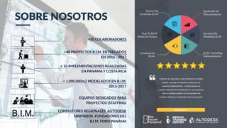 B.I.M.
Creemos en que todo lo que hacemos en nuestro
estudio  se basa en desafiar el statu quo de
nuestros colaboradores  y donde pensar en
manera diferente en el desarrollo de  los proyectos
hará un cambio positivo en los procesos de 
nuestros clientes y la ejecución de sus proyectos.
+30 COLABORADORES
+40 PROYECTOS B.I.M. ENTREGADOS
EN 2016 - 2017
+ 10 IMPLEMENTACIONES REALIZADAS
EN PANAMA Y COSTA RICA
+ 1,000,000m2 MODELADOS EN B.I.M.
2015-2017
EQUIPOS DEDICADOS PARA
PROYECTOS (STAFFING)
CONSULTORES REGIONALES AUTODESK
MIEMBROS FUNDADORES DEL
B.I.M. FORO PANAMA
SOBRE NOSOTROS
ASOCIADOS A:
Gestión De
Contenido B.I.M.
Coordinacion
B.I.M.
Desarrollo De
Documentación
Servicios De
Modelado B.I.M.
Scan To B.I.M
Nubes De Puntos
B.I.M. Consulting
Implementación
2D 3D 4D 5D 6D 7D
 