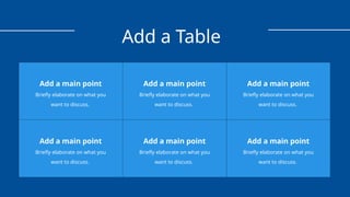 Add a main point
Briefly elaborate on what you
want to discuss.
Add a main point
Briefly elaborate on what you
want to discuss.
Add a main point
Briefly elaborate on what you
want to discuss.
Add a main point
Briefly elaborate on what you
want to discuss.
Add a main point
Briefly elaborate on what you
want to discuss.
Add a main point
Briefly elaborate on what you
want to discuss.
Add a Table
 