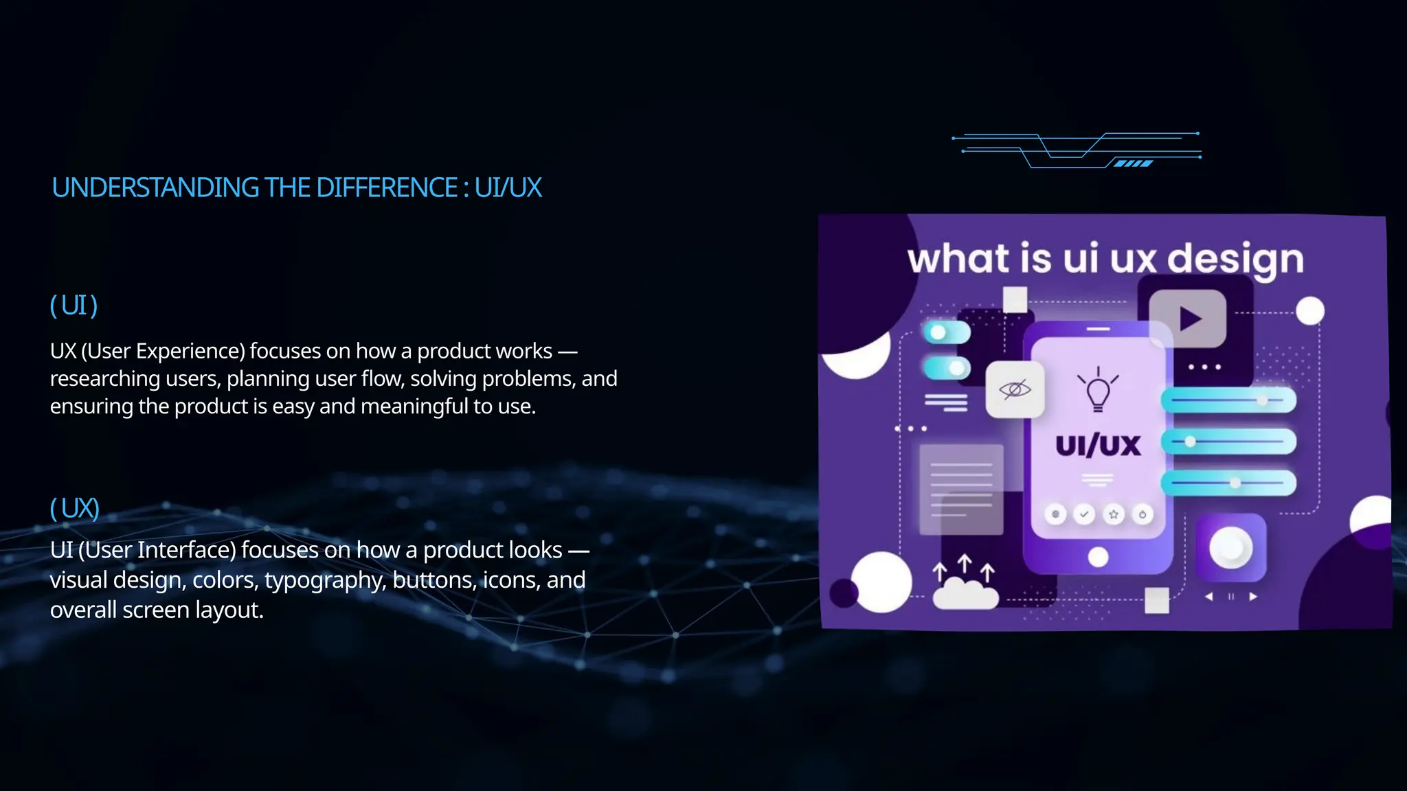 UNDERSTANDINGTHEDIFFERENCE:UI/UX
UI (User Interface) focuses on how a product looks —
visual design, colors, typography, buttons, icons, and
overall screen layout.
UX (User Experience) focuses on how a product works —
researching users, planning user flow, solving problems, and
ensuring the product is easy and meaningful to use.
(UI)
(UX)
 