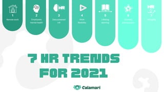 7 HR TRENDS
FOR 2021
Okay
1
Remote work
2
Employees
mental health
3
Data powered
HR
4
Work
flexibility
5
Lifelong
learning
6
Diversity
and inclusion
7
HR agility
 