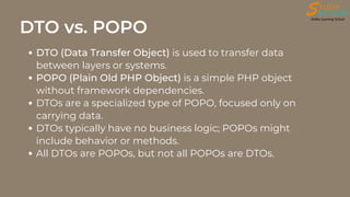 DTO vs. POPO
DTO (Data Transfer Object) is used to transfer data
between layers or systems.
POPO (Plain Old PHP Object) is a simple PHP object
without framework dependencies.
DTOs are a specialized type of POPO, focused only on
carrying data.
DTOs typically have no business logic; POPOs might
include behavior or methods.
All DTOs are POPOs, but not all POPOs are DTOs.
 