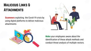 Scammers exploiting the Covid-19 crisis by
using digital platforms to deliver malicious
attachments
Make your employees aware about the
identification of these attack methods and
conduct threat analysis of multiple vectors.
 