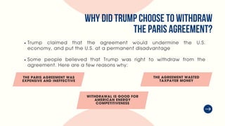 WHY DID TRUMP CHOOSE TO WITHDRAW
THE PARIS AGREEMENT?
THE PARIS AGREEMENT WAS
EXPENSIVE AND INEFFECTIVE
WITHDRAWAL IS GOOD FOR
AMERICAN ENERGY
COMPETITIVENESS
THE AGREEMENT WASTED
TAXPAYER MONEY
Trump claimed that the agreement would undermine the U.S.
economy, and put the U.S. at a permanent disadvantage
Some people believed that Trump was right to withdraw from the
agreement. Here are a few reasons why:
 