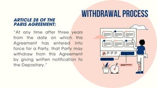 WITHDRAWAL PROCESS
“At any time after three years
from the date on which this
Agreement has entered into
force for a Party, that Party may
withdraw from this Agreement
by giving written notification to
the Depositary.”
ARTICLE 28 OF THE
PARIS AGREEMENT:
 