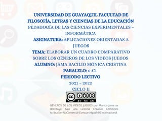 UNIVERSIDAD DE GUAYAQUIL FACULTAD DE
FILOSOFÍA, LETRAS Y CIENCIAS DE LA EDUCACIÓN
PEDAGOGÍA DE LAS CIENCIAS EXPERIMENTALES –
INFORMÁTICA
ASIGNATURA: APLICACIONES ORIENTADAS A
JUEGOS
TEMA: ELABORAR UN CUADRO COMPARATIVO
SOBRE LOS GÉNEROS DE LOS VIDEOS JUEGOS
ALUMNO: JAMA BACILIO MÓNICA CRISTINA
PARALELO: 6-C1
PERIODO LECTIVO
2021 – 2022
CICLO II
GÉNEROS DE LOS VIDEOS JUEGOS por Monica Jama se
distribuye bajo una Licencia Creative Commons
Atribución-NoComercial-CompartirIgual 4.0 Internacional.
 