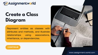 Represent entities as classes with
attributes and methods, and illustrate
relationships using associations,
inheritance, or dependencies.
Create a Class
Diagram
CONTINUE
www.assignment.world.com
 