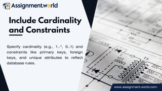 Specify cardinality (e.g., 1..*, 0..1) and
constraints like primary keys, foreign
keys, and unique attributes to reflect
database rules.
Include Cardinality
and Constraints
www.assignment.world.com
 
