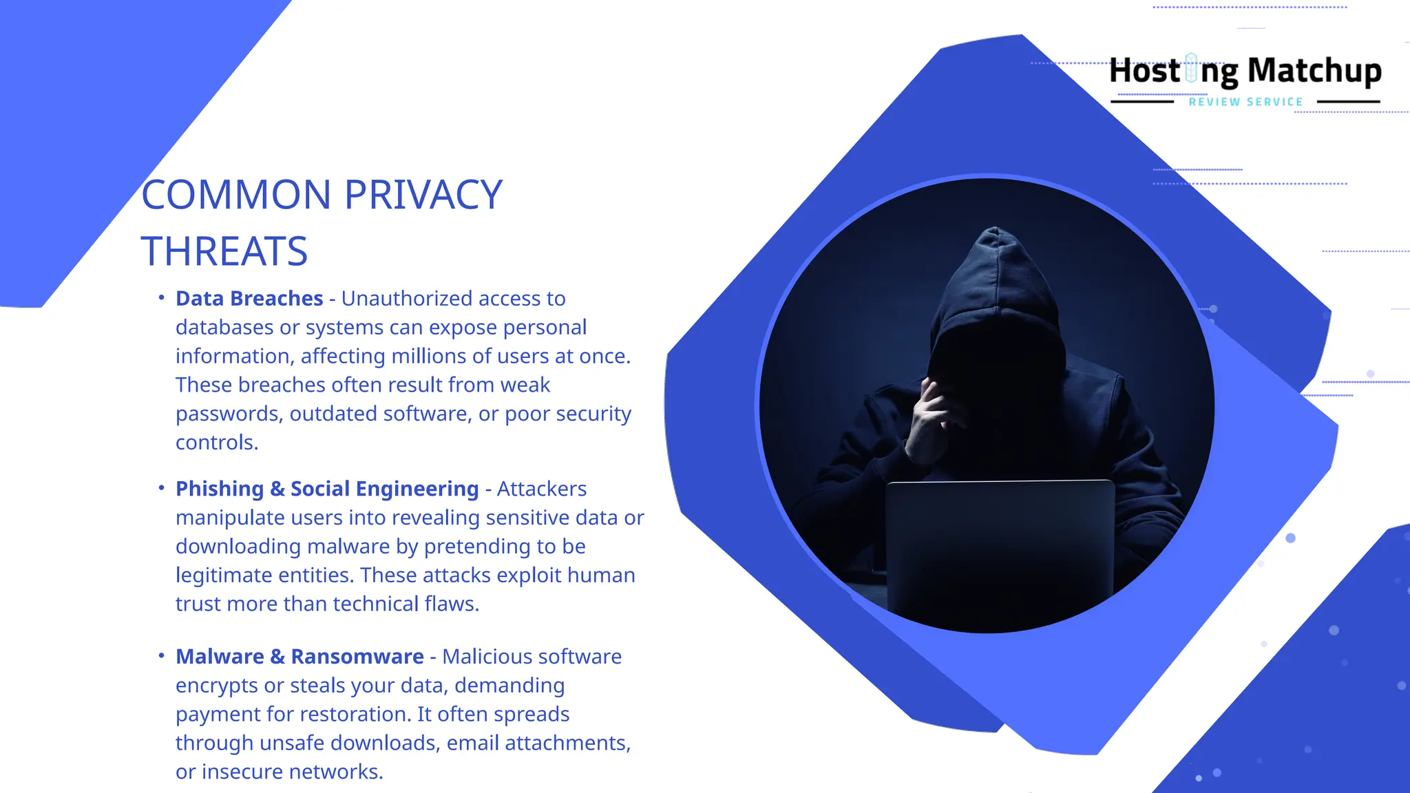 COMMON PRIVACY
THREATS
• Data Breaches - Unauthorized access to
databases or systems can expose personal
information, affecting millions of users at once.
These breaches often result from weak
passwords, outdated software, or poor security
controls.
• Phishing & Social Engineering - Attackers
manipulate users into revealing sensitive data or
downloading malware by pretending to be
legitimate entities. These attacks exploit human
trust more than technical flaws.
• Malware & Ransomware - Malicious software
encrypts or steals your data, demanding
payment for restoration. It often spreads
through unsafe downloads, email attachments,
or insecure networks.
 