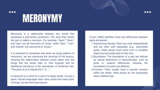 MERONYMY
Meronymy is a relationship between two words that
expresses a part-whole connection. The word that names
the part is called a meronym. For example, "hand," "brain,"
and "eye" are all meronyms of "body," while "door," "roof,"
and "kitchen" are meronyms of "house."
It is important to remember that when we study patterns of
meronymy, we are examining the structure of the lexicon,
meaning the relationships between words rather than the
things that the words refer to. One linguistic test for
identifying meronymy is the naturalness of sentences like:
"The parts of an X include the Y, Z, ..."
A meronym is a name for a part of a larger whole, not just a
piece. Human languages have many words that name parts
of things, but few that name pieces.
Cruse (1986) identifies three key differences between
parts and pieces:
Autonomous Identity: Parts can exist independently
and are often sold separately (e.g., automobile
parts), while pieces must come from a complete
object and are rarely sold on their own.
1.
Boundaries: The boundaries of a part are defined
by natural distinctions or discontinuities, such as
joints or material differences, whereas the
boundaries of a piece are arbitrary.
2.
Function: Parts usually have a specific function
within the whole, while pieces do not necessarily
have a defined role.
3.
 