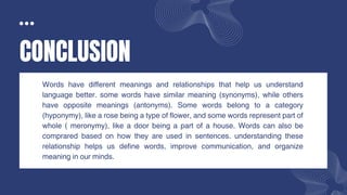 CONCLUSION
Words have different meanings and relationships that help us understand
language better. some words have similar meaning (synonyms), while others
have opposite meanings (antonyms). Some words belong to a category
(hyponymy), like a rose being a type of flower, and some words represent part of
whole ( meronymy), like a door being a part of a house. Words can also be
comprared based on how they are used in sentences. understanding these
relationship helps us define words, improve communication, and organize
meaning in our minds.
 