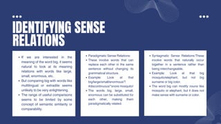 IDENTIFYING SENSE
RELATIONS
If we are interested in the
meaning of the word big, it seems
natural to look at its meaning
relations with words like large,
small, enormous, etc.
But comparing big with words like
multilingual or extradite seems
unlikely to be very enlightening.
The range of useful comparisons
seems to be limited by some
concept of semantic similarity or
comparability.
Paradigmatic Sense Relations:
These involve words that can
replace each other in the same
sentence without changing its
grammatical structure.
Example: Look at that
big/large/small/enormous/?
#discontinuous/*snore mosquito!
The words big, large, small,
enormous can be substituted for
each other, making them
paradigmatically related.
Syntagmatic Sense Relations:These
involve words that naturally occur
together in a sentence rather than
being interchangeable.
Example: Look at that big
mosquito/elephant, but not big
surname or big color.
The word big can modify nouns like
mosquito or elephant, but it does not
make sense with surname or color.
 