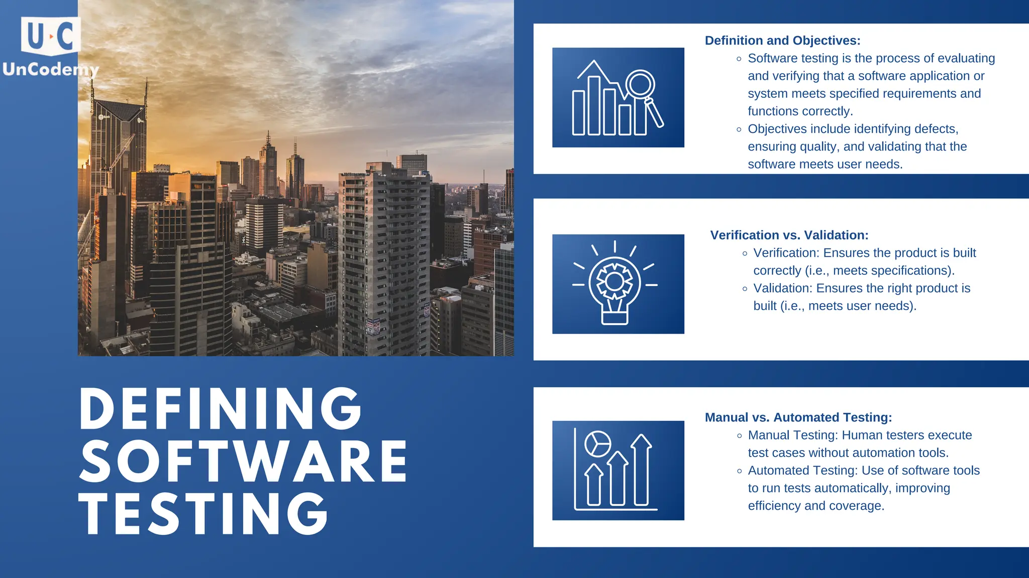DEFINING SOFTWARE TESTING Definition and Objectives: Software testing is the process of evaluating and verifying that a software application or system meets specified requirements and functions correctly. Objectives include identifying defects, ensuring quality, and validating that the software meets user needs. Verification vs. Validation: Verification: Ensures the product is built correctly (i.e., meets specifications). Validation: Ensures the right product is built (i.e., meets user needs). Manual vs. Automated Testing: Manual Testing: Human testers execute test cases without automation tools. Automated Testing: Use of software tools to run tests automatically, improving efficiency and coverage. 