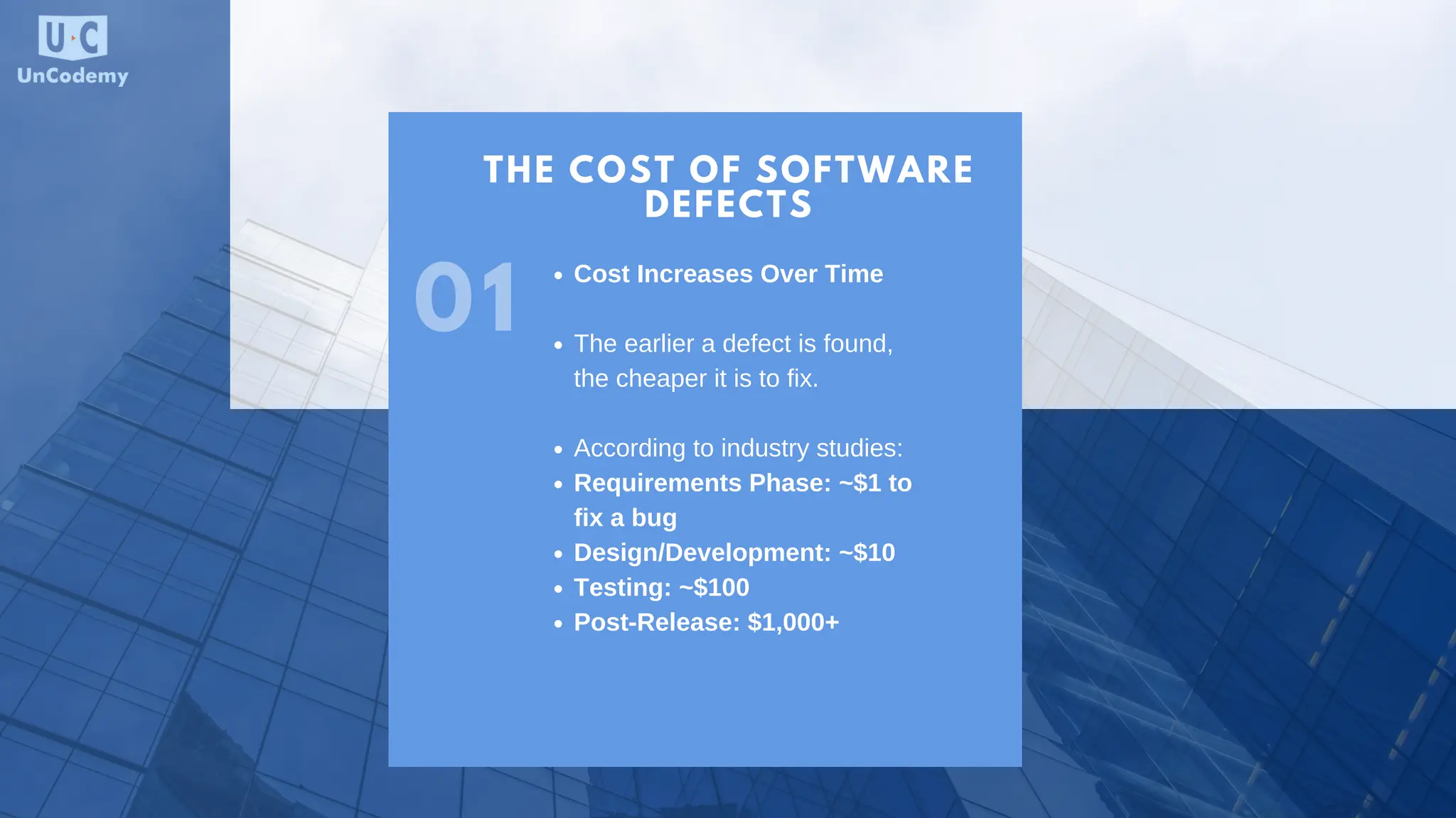 THE COST OF SOFTWARE DEFECTS 01 Cost Increases Over Time The earlier a defect is found, the cheaper it is to fix. According to industry studies: Requirements Phase: ~$1 to fix a bug Design/Development: ~$10 Testing: ~$100 Post-Release: $1,000+ 