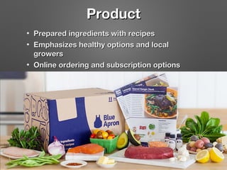Product
•
•
•

Prepared ingredients with recipes
Emphasizes healthy options and local
growers
Online ordering and subscription options

 