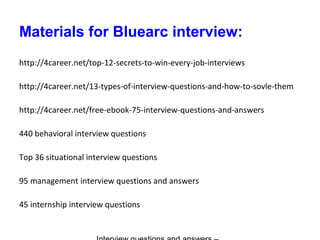 Materials for Bluearc interview:
http://4career.net/top-12-secrets-to-win-every-job-interviews
http://4career.net/13-types-of-interview-questions-and-how-to-sovle-them
http://4career.net/free-ebook-75-interview-questions-and-answers
440 behavioral interview questions
Top 36 situational interview questions
95 management interview questions and answers
45 internship interview questions
 