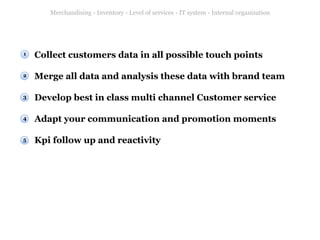 Merchandising - Inventory - Level of services - IT system - Internal organization

1

Collect customers data in all possible touch points

2

Merge all data and analysis these data with brand team

3

Develop best in class multi channel Customer service

4

Adapt your communication and promotion moments

5

Kpi follow up and reactivity

 