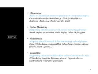 §  eCommerce
Based on Bluebell eCommerce platform or client technologies:
Carven.fr - Carven.jp - Balmain.co.jp - Nuxe.jp - theplace.kr Radley.sg - Radley.my - Pandora.jp (Dec 2013)

§  Online Marketing
Supporting offline business with online marketing strategy:
Search engines optimization, Media Buying, Online PR/Bloggers
DIGITAL

§  Social Media
Adapting global Facebook & Twitter strategy to local players:
China (Weibo, Baidu…), Japan (Mixi, Yahoo Japan, Ameba…), Korea
(Naver, Daum, Cyworld…)

§  Consulting
Supporting brand to establish their online distribution in Asia:	
  
IT, Marketing, Logistics, Team recruitment: Uggaustralia.cn ugg.tmall.com - Charlotteolympia.com	
  

6

 
