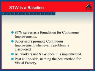 STW is a Baseline
STW serves as a foundation for Continuous
Improvements.
Supervisors promote Continuous
Improvement whene...