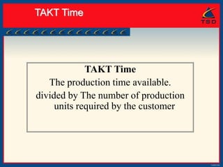TAKT Time
TAKT Time
The production time available.
divided by The number of production
units required by the customer
 