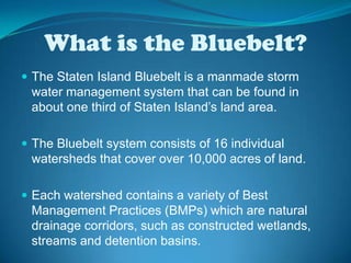 What is the Bluebelt?The Staten Island Bluebelt is a manmade storm water management system that can be found in about one third of Staten Island’s land area.The Bluebelt system consists of 16 individual watersheds that cover over 10,000 acres of land.Each watershed contains a variety of Best Management Practices (BMPs) which are natural drainage corridors, such as constructed wetlands, streams and detention basins.
