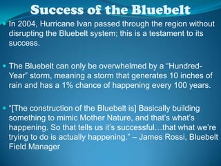 Success of the BluebeltIn 2004, Hurricane Ivan passed through the region without disrupting the Bluebelt system; this is a testament to its success.The Bluebelt can only be overwhelmed by a “Hundred-Year” storm, meaning a storm that generates 10 inches of rain and has a 1% chance of happening every 100 years.“[The construction of the Bluebelt is] Basically building something to mimic Mother Nature, and that’s what’s happening. So that tells us it’s successful…that what we’re trying to do is actually happening.” – James Rossi, Bluebelt Field Manager The Bluebelt encourages biodiversity because it simulates nature and provides habitats for indigenous species, such as fish. 