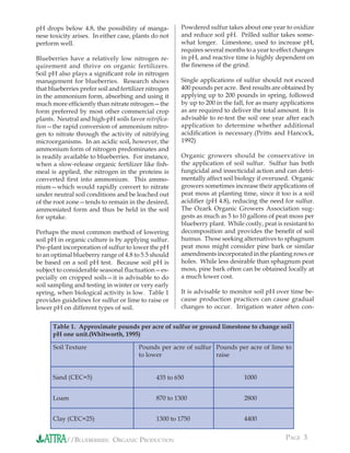 pH drops below 4.8, the possibility of manga-           Powdered sulfur takes about one year to oxidize
nese toxicity arises. In either case, plants do not     and reduce soil pH. Prilled sulfur takes some-
perform well.                                           what longer. Limestone, used to increase pH,
                                                        requires several months to a year to effect changes
Blueberries have a relatively low nitrogen re-          in pH, and reactive time is highly dependent on
quirement and thrive on organic fertilizers.            the ﬁneness of the grind.
Soil pH also plays a signiﬁcant role in nitrogen
management for blueberries. Research shows              Single applications of sulfur should not exceed
that blueberries prefer soil and fertilizer nitrogen    400 pounds per acre. Best results are obtained by
in the ammonium form, absorbing and using it            applying up to 200 pounds in spring, followed
much more efﬁciently than nitrate nitrogen—the          by up to 200 in the fall, for as many applications
form preferred by most other commercial crop            as are required to deliver the total amount. It is
plants. Neutral and high-pH soils favor nitriﬁca-       advisable to re-test the soil one year after each
tion—the rapid conversion of ammonium nitro-            application to determine whether additional
gen to nitrate through the activity of nitrifying       acidiﬁcation is necessary.(Pritts and Hancock,
microorganisms. In an acidic soil, however, the         1992)
ammonium form of nitrogen predominates and
is readily available to blueberries. For instance,      Organic growers should be conservative in
when a slow-release organic fertilizer like ﬁsh-        the application of soil sulfur. Sulfur has both
meal is applied, the nitrogen in the proteins is        fungicidal and insecticidal action and can detri-
converted ﬁrst into ammonium. This ammo-                mentally affect soil biology if overused. Organic
nium—which would rapidly convert to nitrate             growers sometimes increase their applications of
under neutral soil conditions and be leached out        peat moss at planting time, since it too is a soil
of the root zone—tends to remain in the desired,        acidiﬁer (pH 4.8), reducing the need for sulfur.
ammoniated form and thus be held in the soil            The Ozark Organic Growers Association sug-
for uptake.                                             gests as much as 5 to 10 gallons of peat moss per
                                                        blueberry plant. While costly, peat is resistant to
Perhaps the most common method of lowering              decomposition and provides the beneﬁt of soil
soil pH in organic culture is by applying sulfur.       humus. Those seeking alternatives to sphagnum
Pre-plant incorporation of sulfur to lower the pH       peat moss might consider pine bark or similar
to an optimal blueberry range of 4.8 to 5.5 should      amendments incorporated in the planting rows or
be based on a soil pH test. Because soil pH is          holes. While less desirable than sphagnum peat
subject to considerable seasonal ﬂuctuation—es-         moss, pine bark often can be obtained locally at
pecially on cropped soils—it is advisable to do         a much lower cost.
soil sampling and testing in winter or very early
spring, when biological activity is low. Table 1        It is advisable to monitor soil pH over time be-
provides guidelines for sulfur or lime to raise or      cause production practices can cause gradual
lower pH on different types of soil.                    changes to occur. Irrigation water often con-


      Table 1. Approximate pounds per acre of sulfur or ground limestone to change soil
      pH one unit.(Whitworth, 1995)

      Soil Texture                      Pounds per acre of sulfur Pounds per acre of lime to
                                        to lower                  raise


      Sand (CEC=5)                             435 to 650                       1000


      Loam                                     870 to 1300                      2800


      Clay (CEC=25)                            1300 to 1750                     4400


           //BLUEBERRIES: ORGANIC PRODUCTION                                                    PAGE 3
 