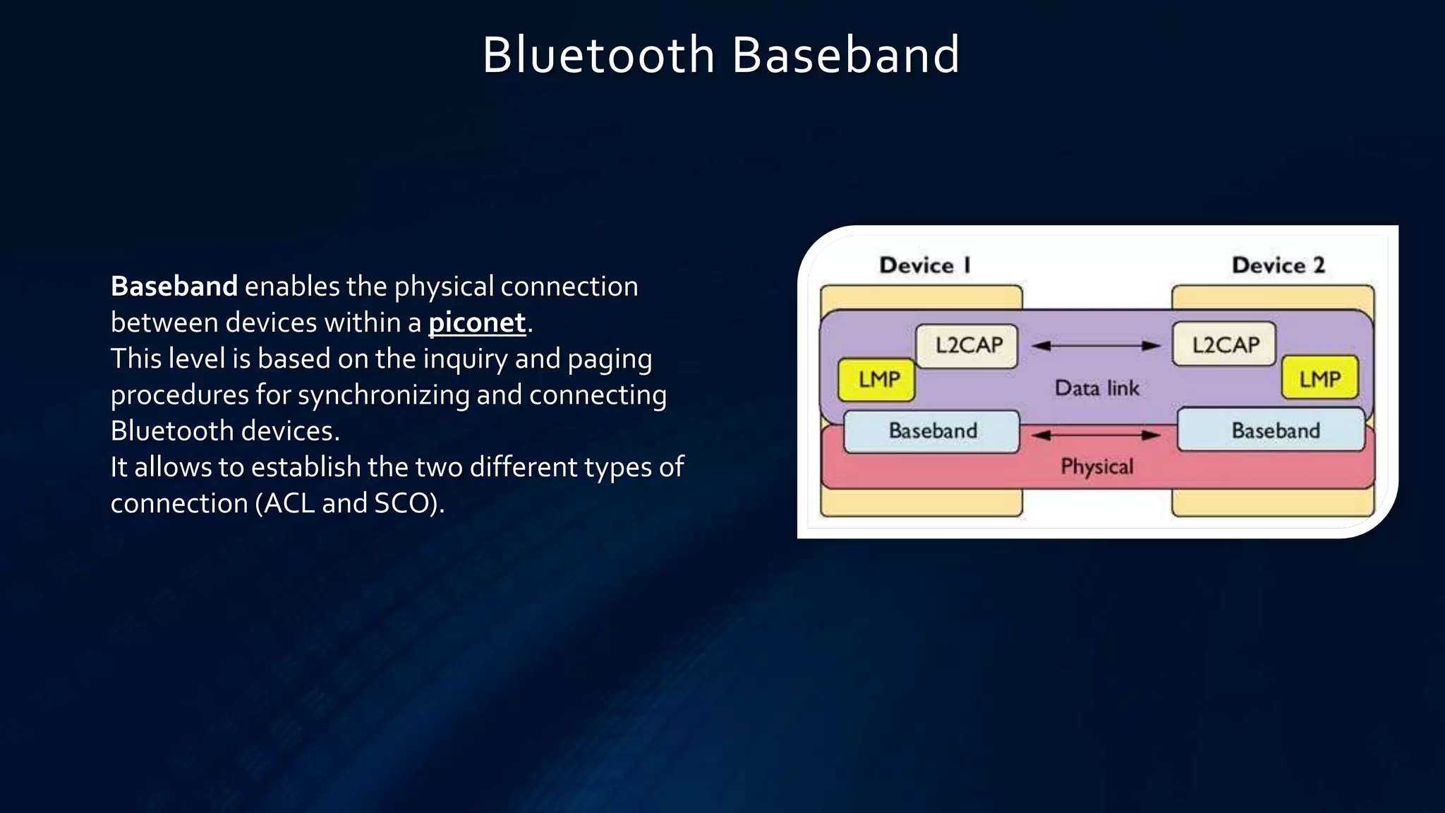 Bluetooth Baseband
Baseband enables the physical connection
between devices within a piconet.
This level is based on the inquiry and paging
procedures for synchronizing and connecting
Bluetooth devices.
It allows to establish the two different types of
connection (ACL and SCO).
 